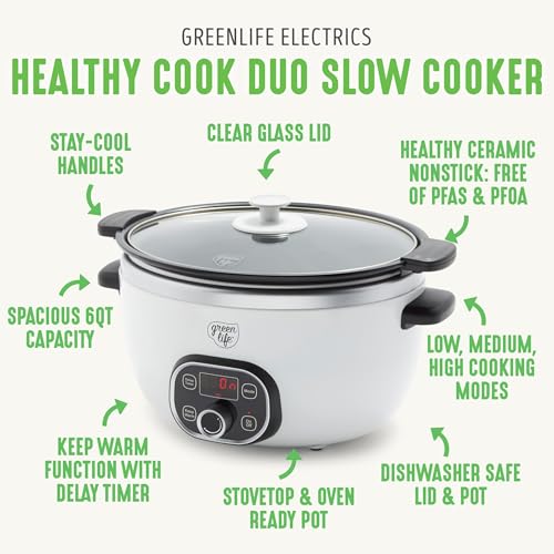 GreenLife 6QT Slow Cooker, PFAS-Free Ceramic Nonstick, Programmable, White, Model CC004774-001, Dishwasher Safe, Keep Warm Feature