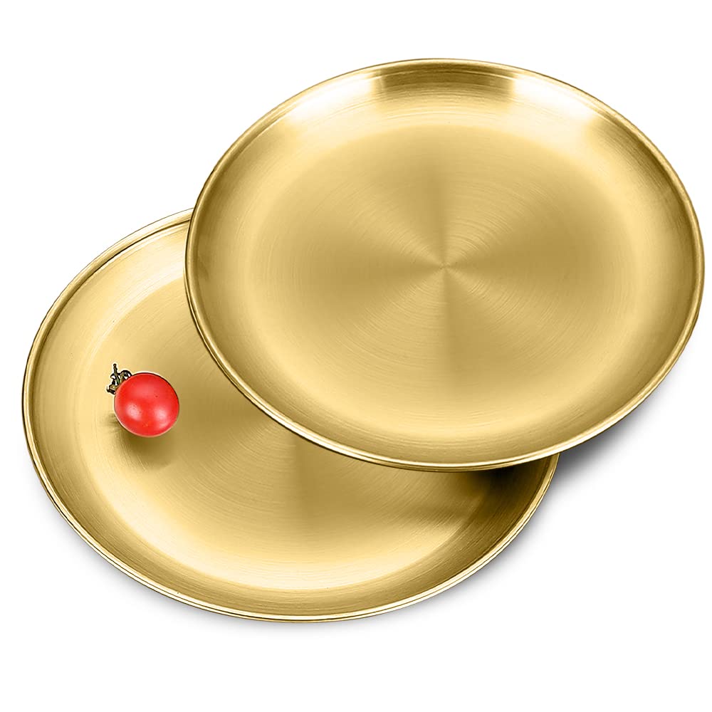 Betinyar 2 Pieces 7.9 Inch Stainless Steel Round Plate, Metal Camping Plates, Stainless Steel Plates, Reusable Metal Dinner Plat