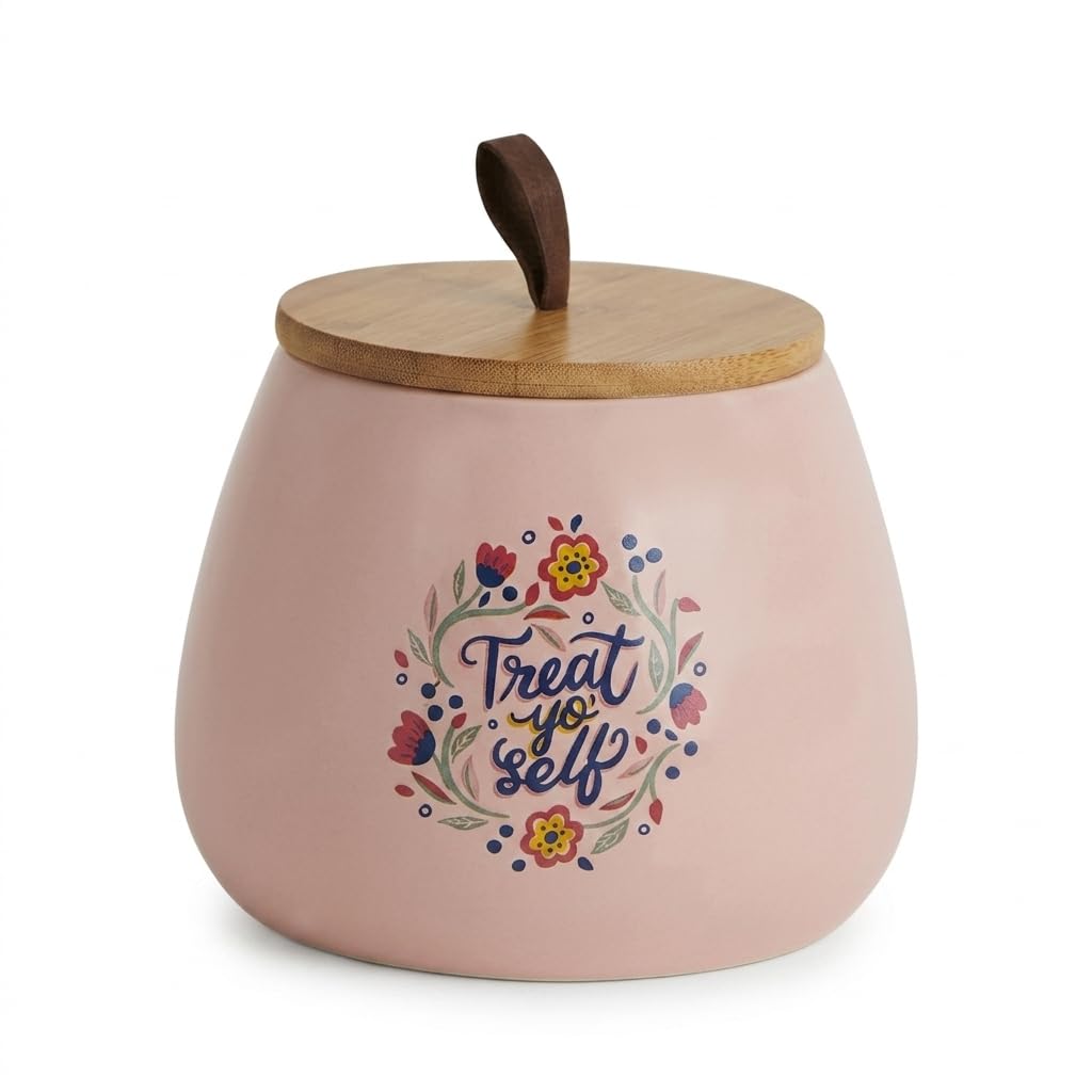 Chumbak Pink Ceramic Storage Jar With Wooden Lid 1000Ml  Airtight Kitchen Container For Snacks, Sugar, Tea, Coffee, Dry Fruits 