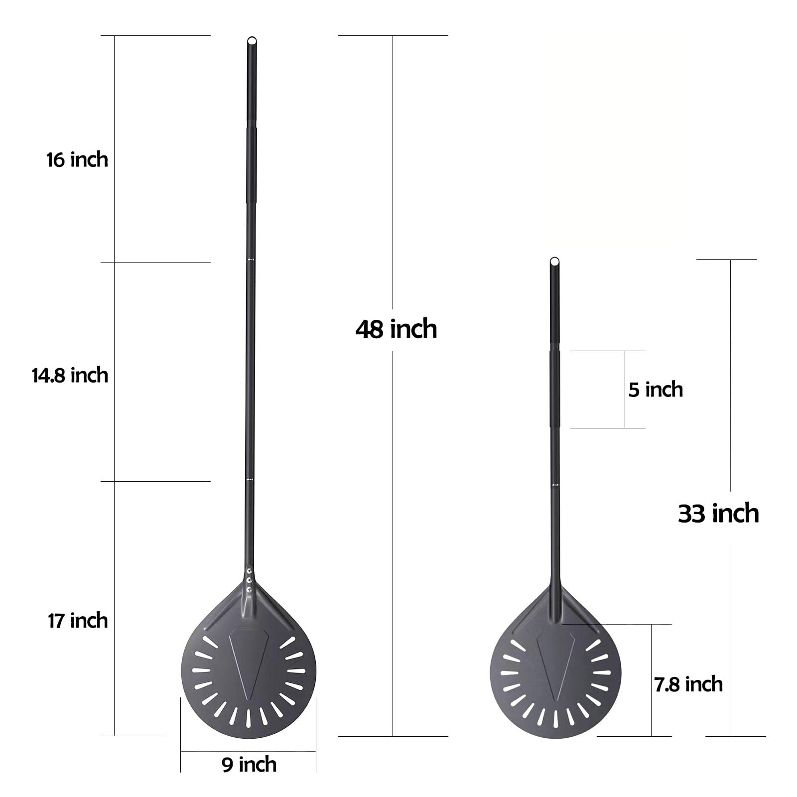 Nutuni Turning Pizza Peel, 9 Inch Aluminum Perforated Pizza Peel, Round Pizza Peel With 33 Or 48 Inch Long Handle, Outdoor Pizza