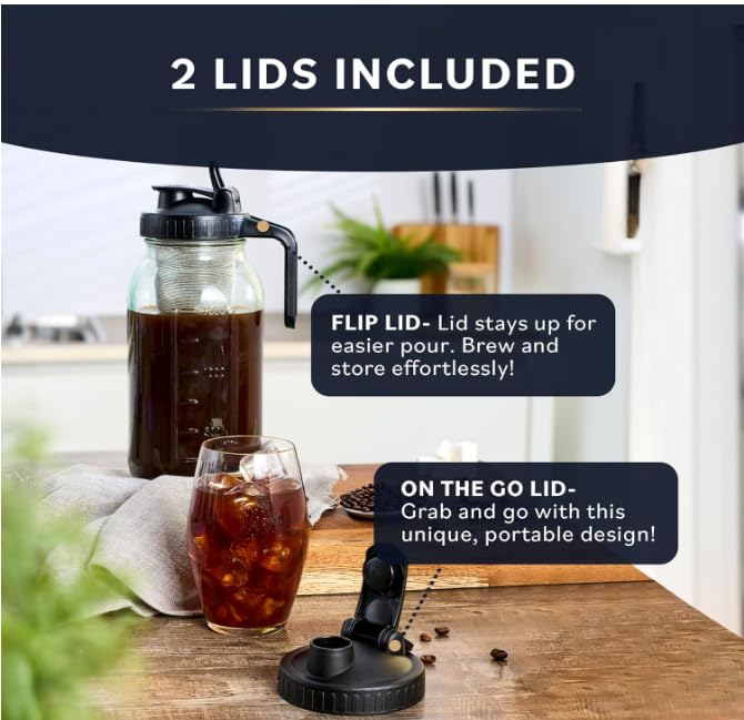 Cold Brew Coffee Maker With Heavy Duty Glass Body & 2 Lids - Iced Tea Machines With Stainless Steel Filter - Iced Coffee Maker -