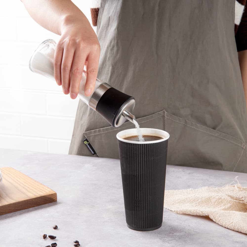 Restaurantware Vetri 6.3 Ounce Sugar Dispenser 1 Pouring Spout Sugar Shaker Dispenser - Black Lid Clear Finish Glass Sugar Poure