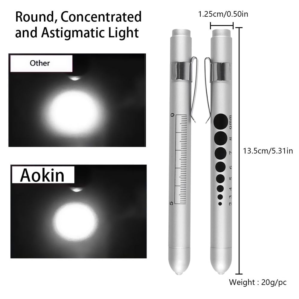 Aokin Medical Pen Light For Nurse Doctor, Reusable Led Medical Penlight Flashlight With Pupil Gauge And Ruler, White Light, Silv