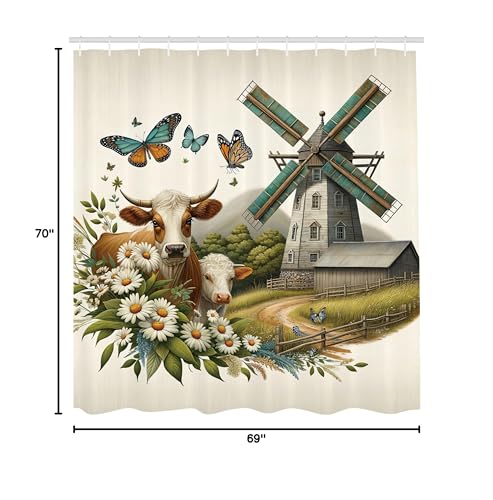 Ambesonne Farmhouse Shower Curtain, Windmill Barn Cottage Cows Butterflies And Daisies Countryside View, Cloth Fabric Bathroom D
