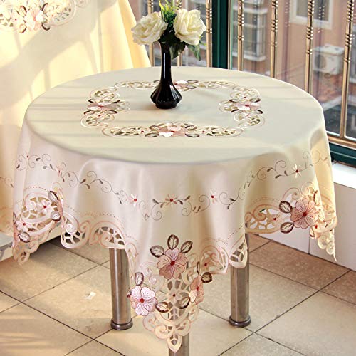 Lelehome 55 Inch X 78 Inch Oblong Flowers Embroidered Tablecloth, Vintage Classic Floral Rectangular Beige Lace Table Cloth Cove