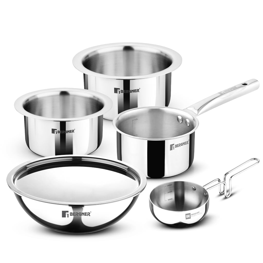Bergner Tripro 6 Pcs Triply Cookware Set - Tasla 22Cm/2.5 L With Lid, Saucepan 14Cm/1.2 L, Tadkapan 10Cm/300Ml, Tope 14Cm/1.3 L 