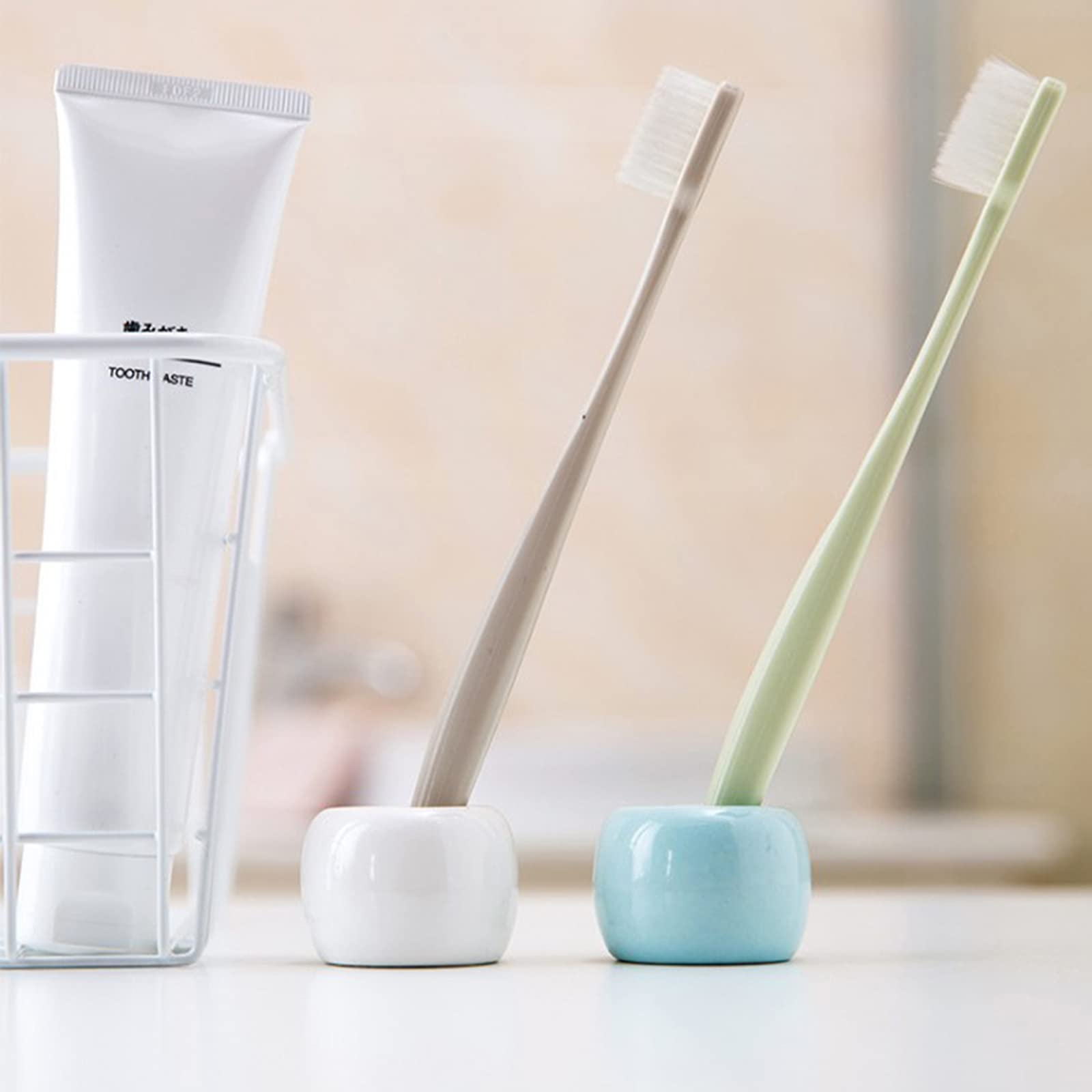Savagrow 4Pcs Mini Ceramic Toothbrush Holders Couple White/Blue/Grey/Pink Bathroom Toothbrush Holder Stand