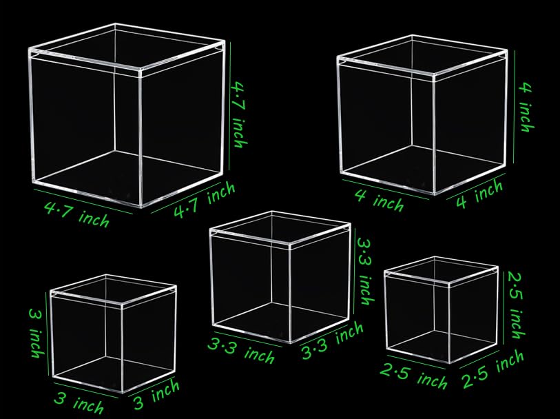 Profikla 4.7/4/3.3/3/2.5 Inch Clear Acrylic Box With Lid, Jewelry Display Box, Plastic Square Cube Decorative Storage Boxes For