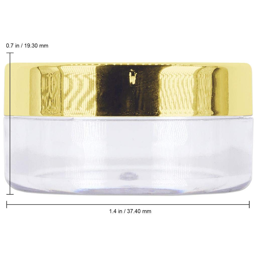 Beauticom 10g/10ml (0.35 Fl Oz) Round Clear Jars with Round Top Lids for Creams  Lotions  Make Up  Powders  Glitters  and more... (Color: Metallic Gold Lid  Quantity: 40 Pieces)