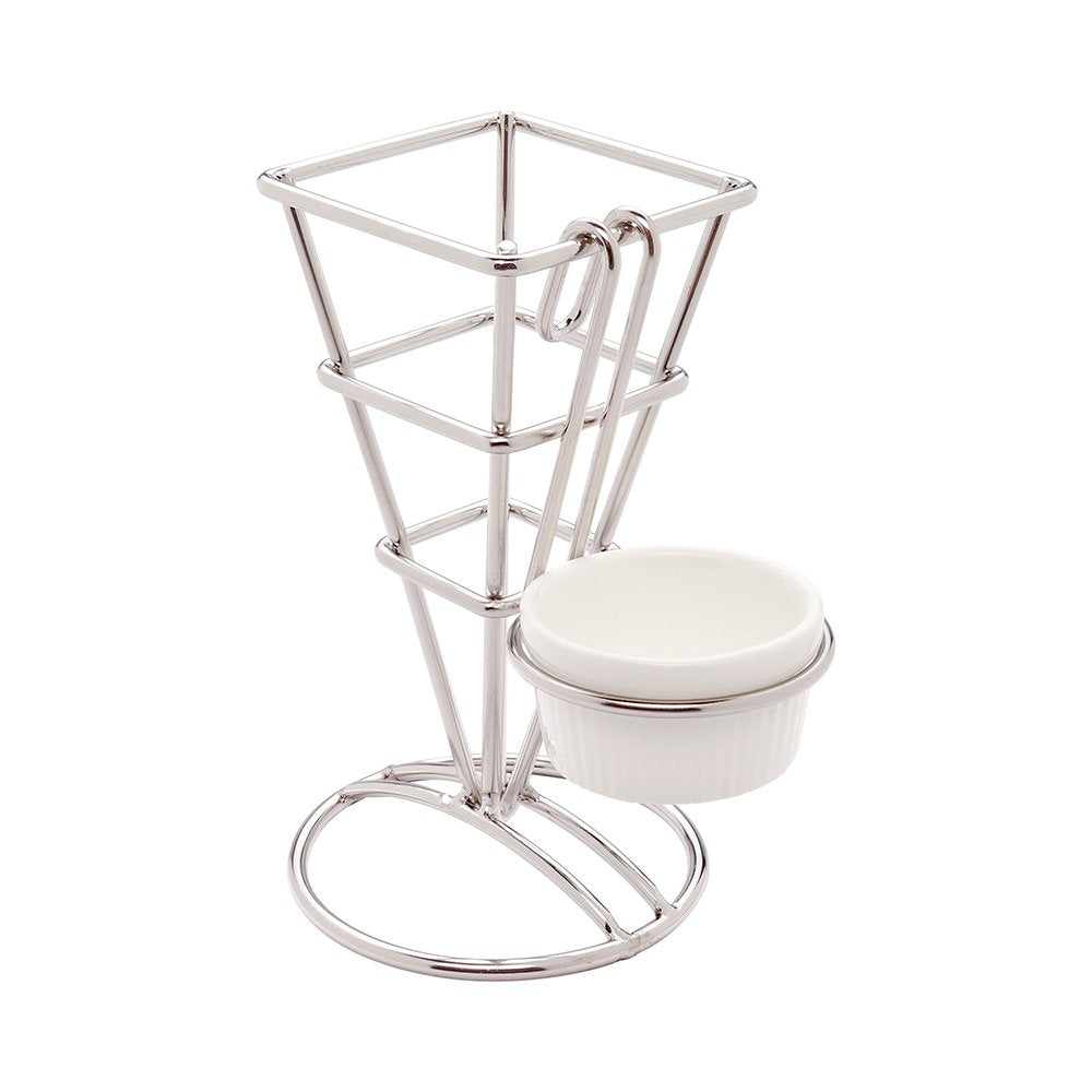 Restaurantware 2.5 X 5 Inch French Fries Stand 1 Fry Stand - With 1 Sauce Holder Dishwashable Silver Stainless Steel Cone Holder