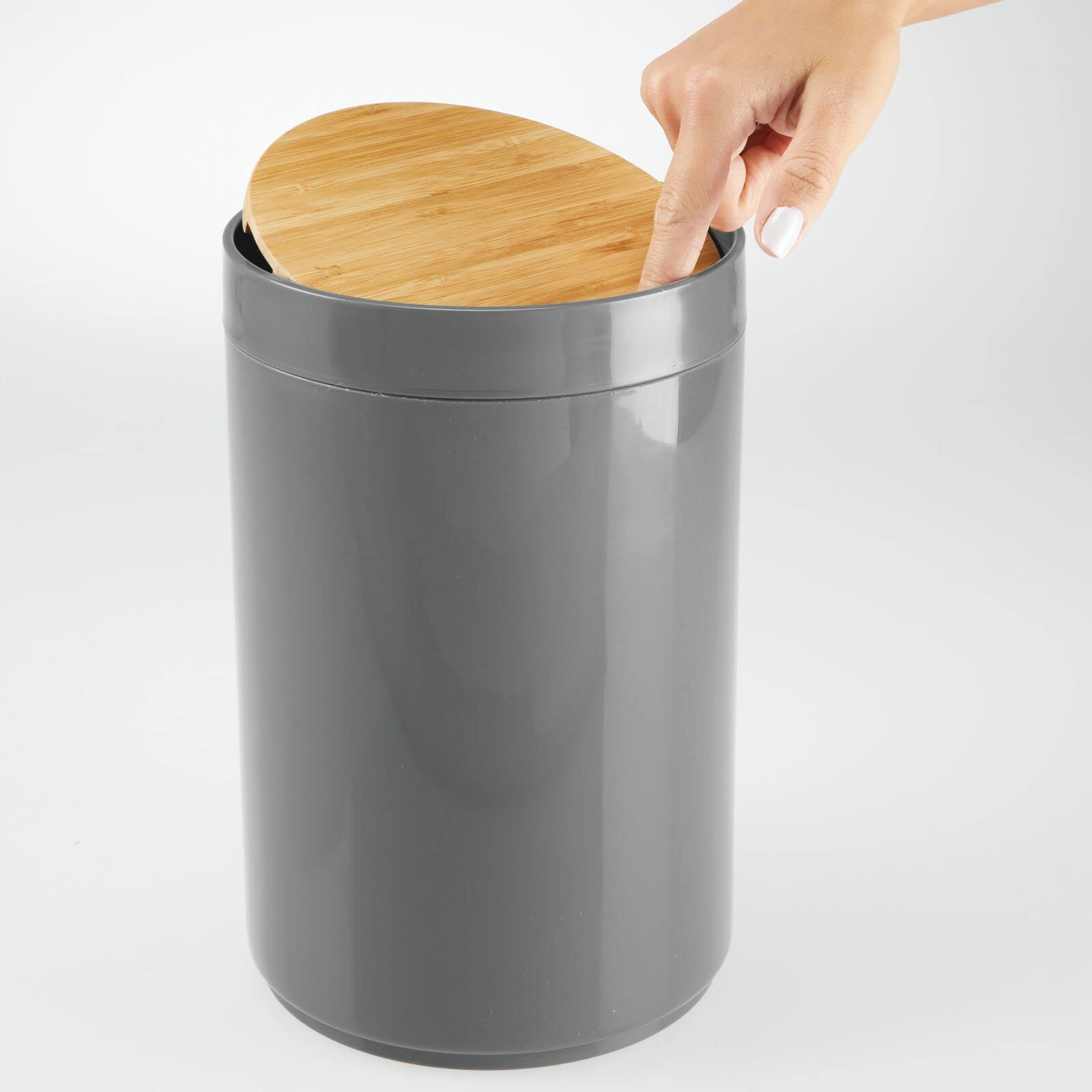 mDesign Plastic Round Trash Can Small Wastebasket - Garbage Bin Container with Swing-Close Lid - Bathroom Garbage Basket - Holds Waste  Recycling - 1.3 Gallon - Basa Collection - Charcoal Gray/Natural