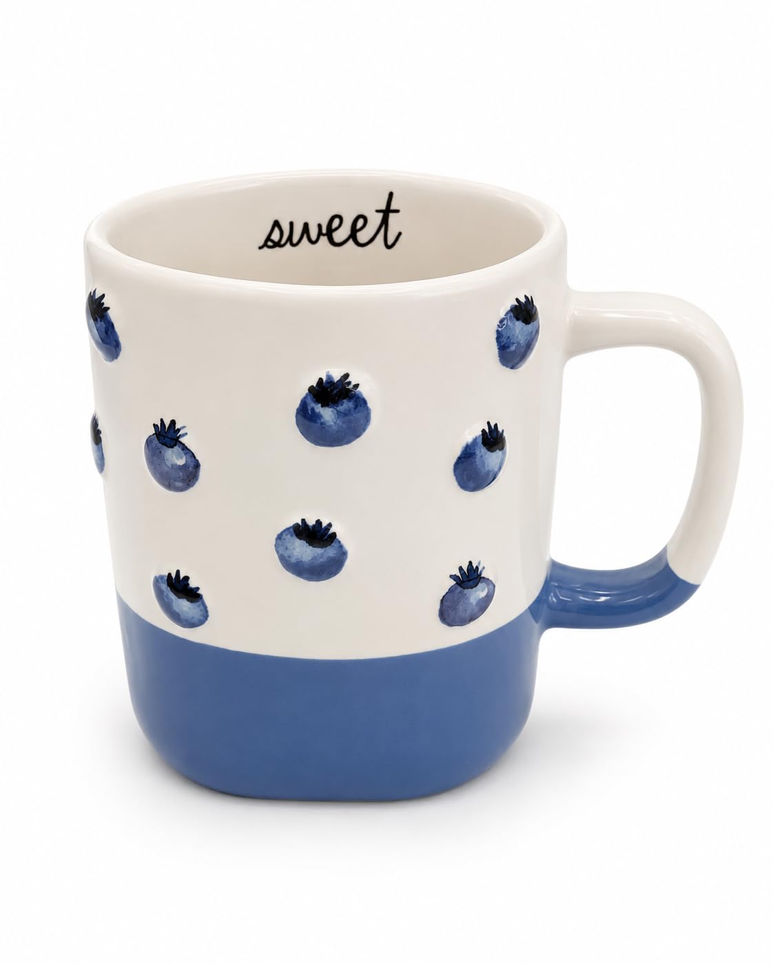 Rae Dunn by Magenta Ceramic Coffee Mug, Blueberry Print Colorblock Design, Sweet Inscribed on Inner Rim, Blue and White