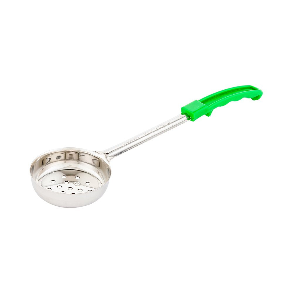 Restaurantware Met Lux 4 Ounce Portion Ladle 1 Perforated Portion Serving Spoon - Green Handle Dishwashable Stainless Steel Slot