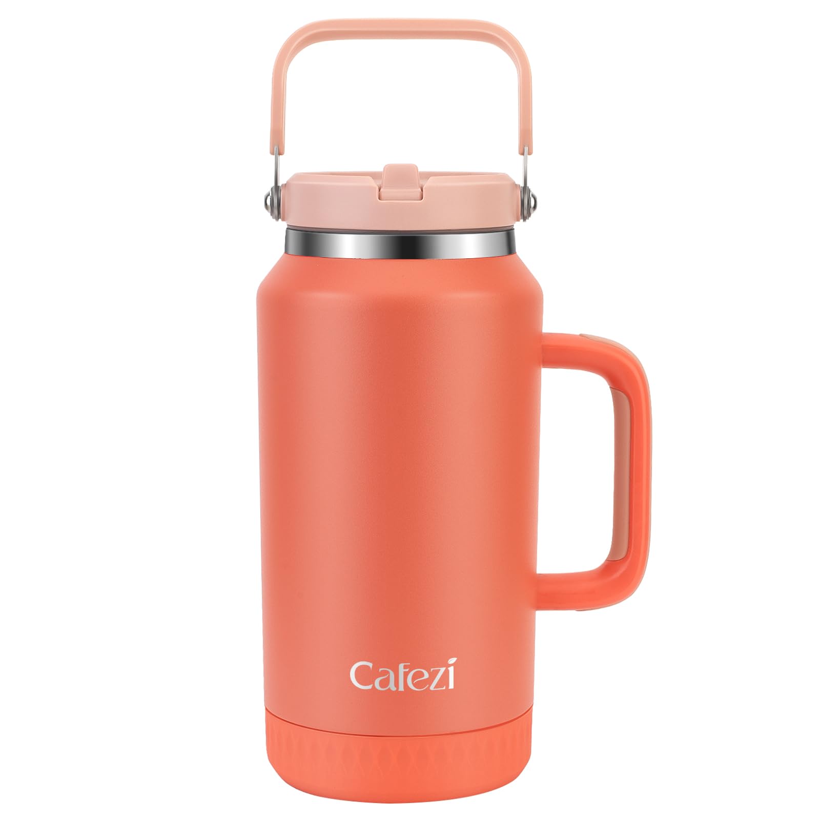 Cafezi 64oz Stainless Steel Water Bottle with Flip Straw - Leak-Proof, Sweat-Free, Top and Side Handle, Anti-Slip Base, Iced for