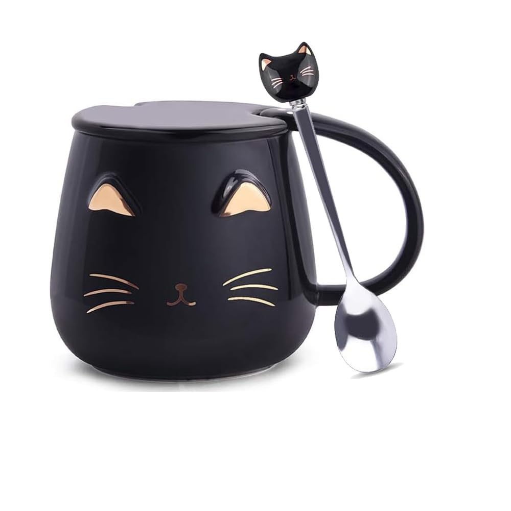 Pink Ceramic Coffee mug Cute Cat Handmade Tea Cups with Stainless Steel Spoon Kitty Cup Unique Hot chocolate Novelty mugs Christ