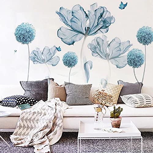 Blue Flowers Wall Decals Large Wall Art Decal Home Wall Flower Vinyl Removable Mural For Living Room Bedroom School Home Office
