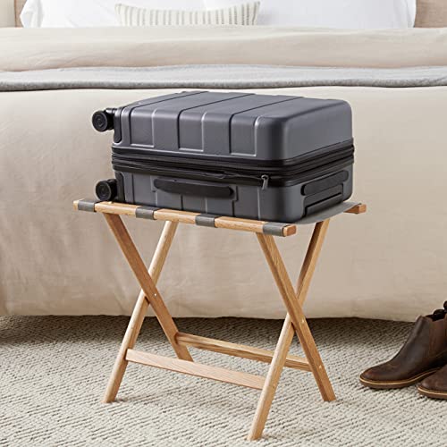 Wooden Mallet Deluxe Straight Leg Luggage Rack  Grey Straps  Light Oak