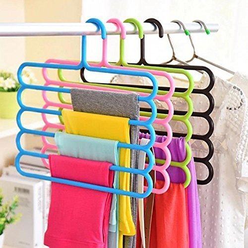 Inditradition 5 Layer Pant Cloth Hanger, Wardrobe Hanger | Space Saving Multi-Layer Design, Assorted Colour, Plastic (Pack Of 4)