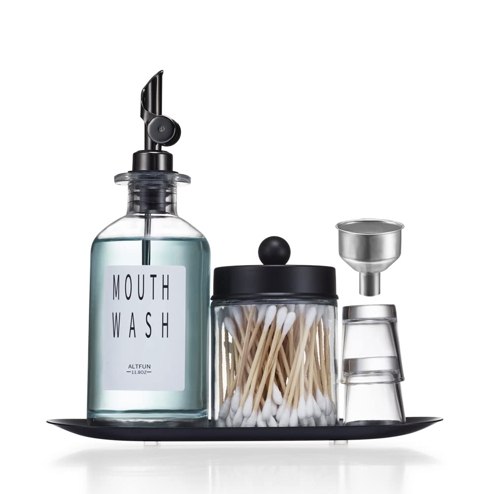 Altfun Glass Mouthwash Dispenser For Bathroom With Cups, Style Mouthwash Container Bottle With Qtip Holder,Glass Bottle 11.8Oz R