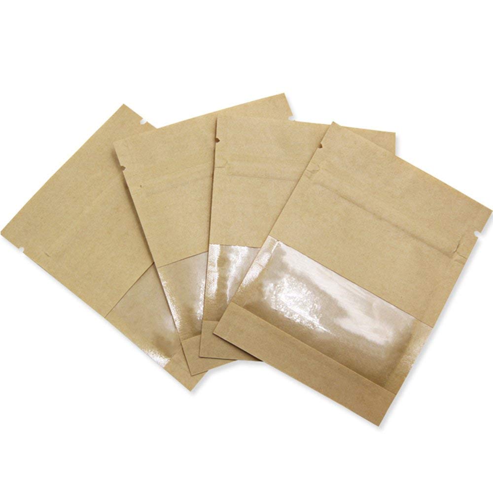 Pabck 100 Pack Clear Window Kraft Paper For Zip Bag Reclosable Lock Seal Food Storage Bags Zipper Lock Resealable Heat Seal Pouc
