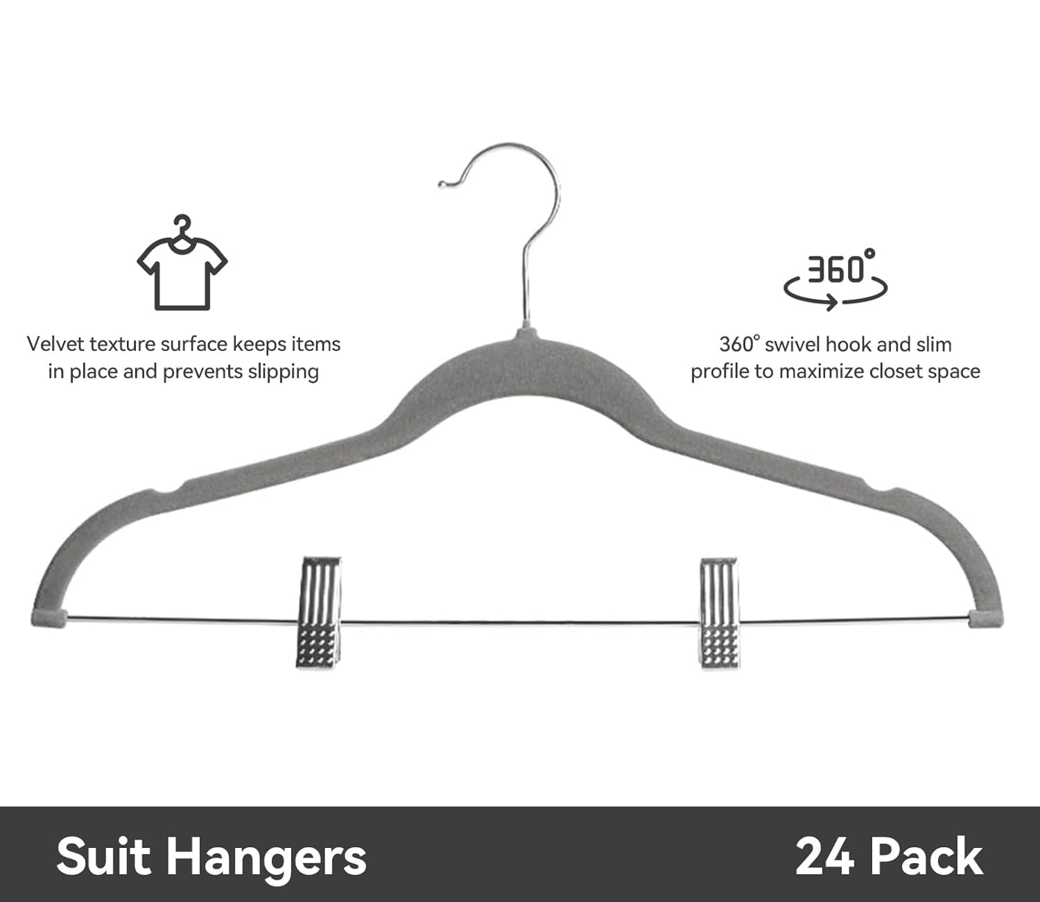 Softflame Velvet Pants Hangers Pack Of 24, Non-Slip Skirt Clothes Trousers Hangers With Adjustable Clips, 360  Swivel Hooks Grey