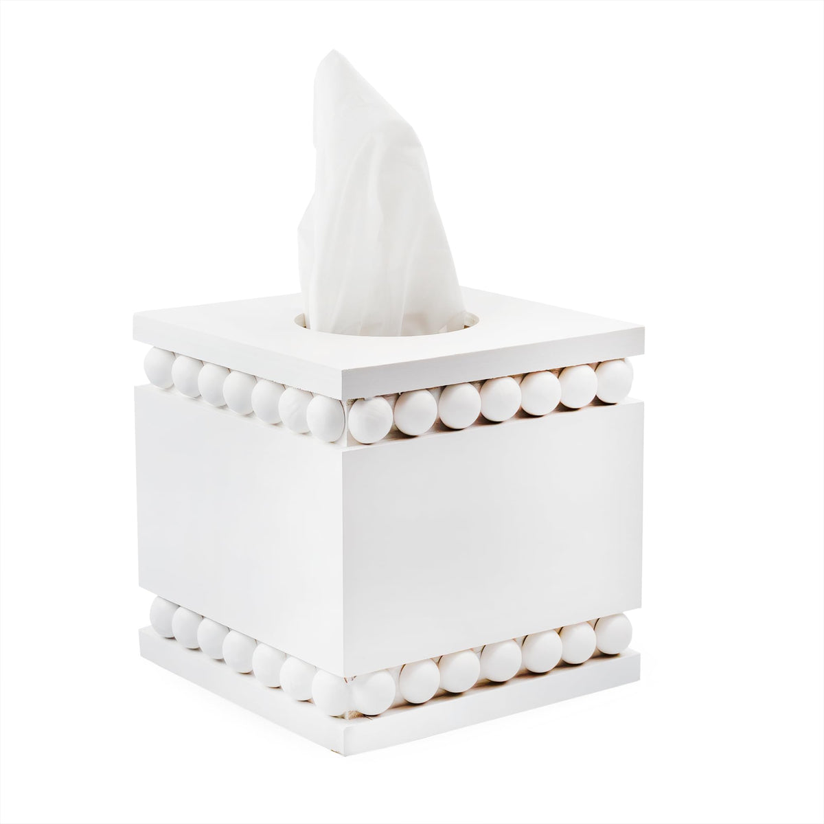 Auldhome Design Beaded Square Tissue Box Cover (White); Rustic Farmhouse Wood Tissue Holder