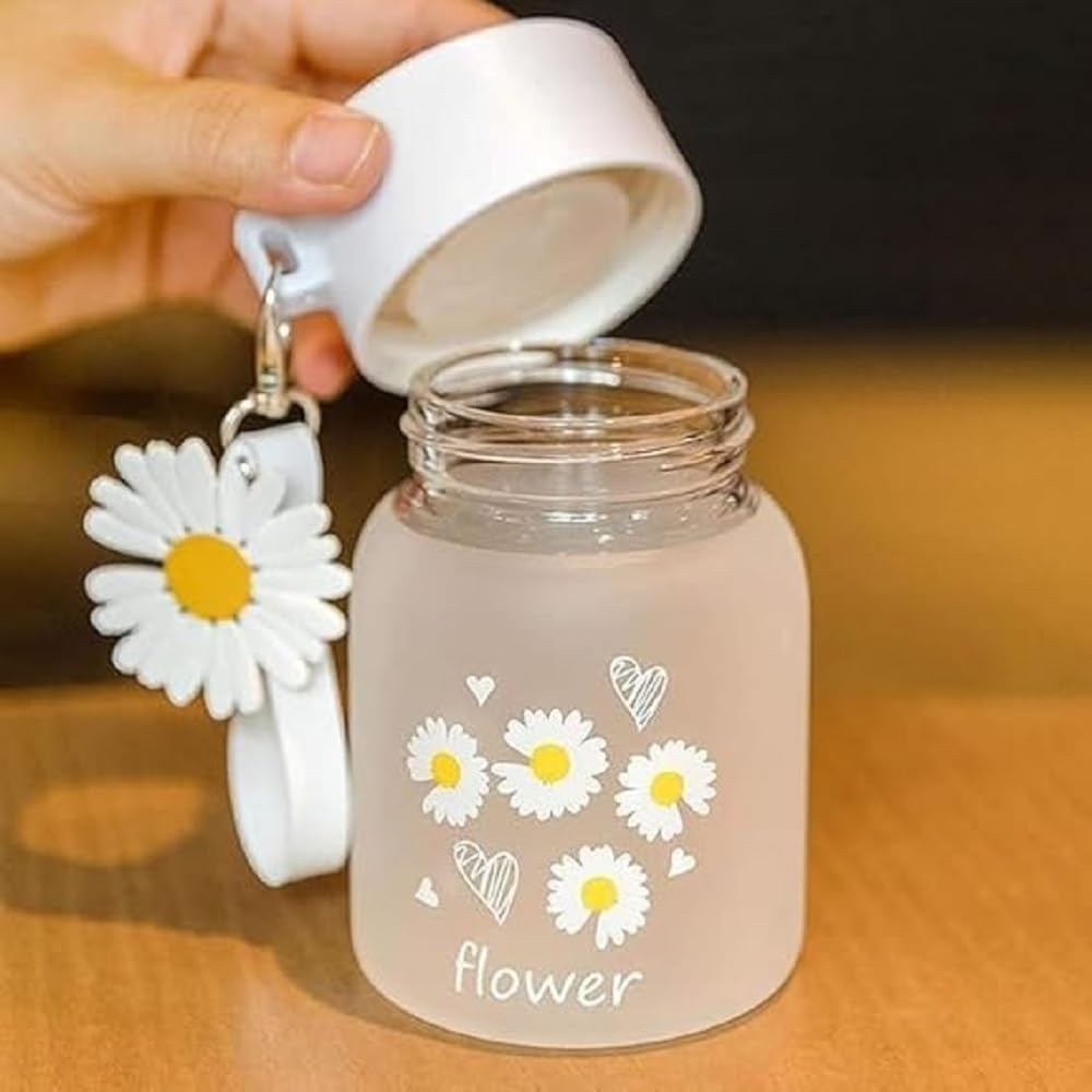 Daisy Frosted Glass Water Bottle With Lid 400 Ml Portable Rope Small Coffee Mug Cute Juice Jar Hot And Cold Flower Tea Drinking 
