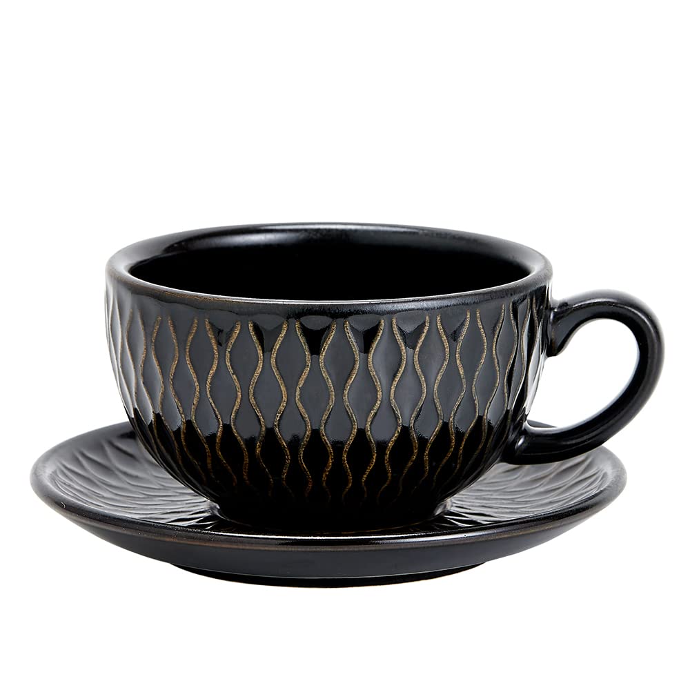 Coffeezone Vintage Design 12 oz Ceramic Latte Art Cappuccino Barista Cup with Saucer (Embossed Black)