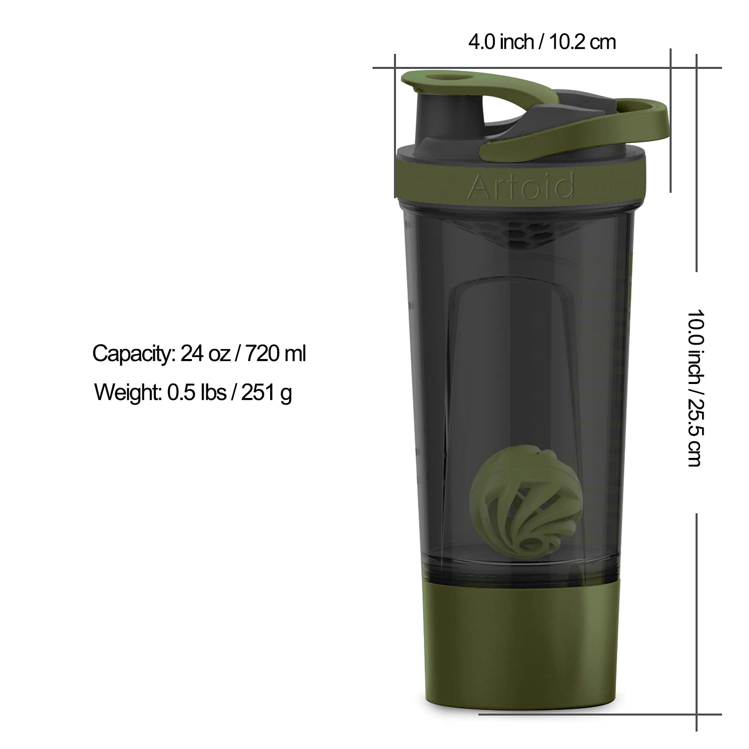 Artoid Sports Protein Shaker Bottle, 24-Ounce, Dual Mixing Technology, Bpa Free, Black/Moss Green