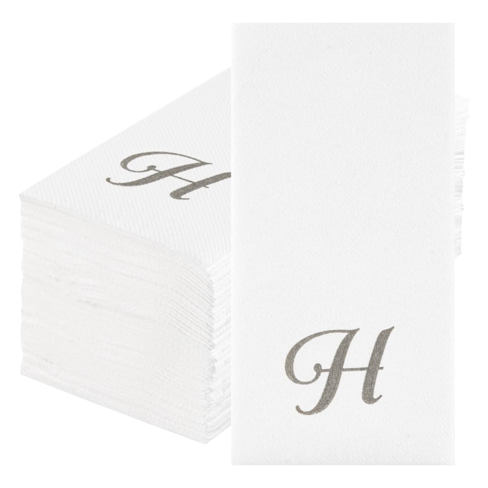 Luxenap 15.8 X 7.9 Inch Linen-Feel Guest Towels, 2000 Lettered Hand Towels - Silver Letter 'H', Cursive Font, White Paper Dinner