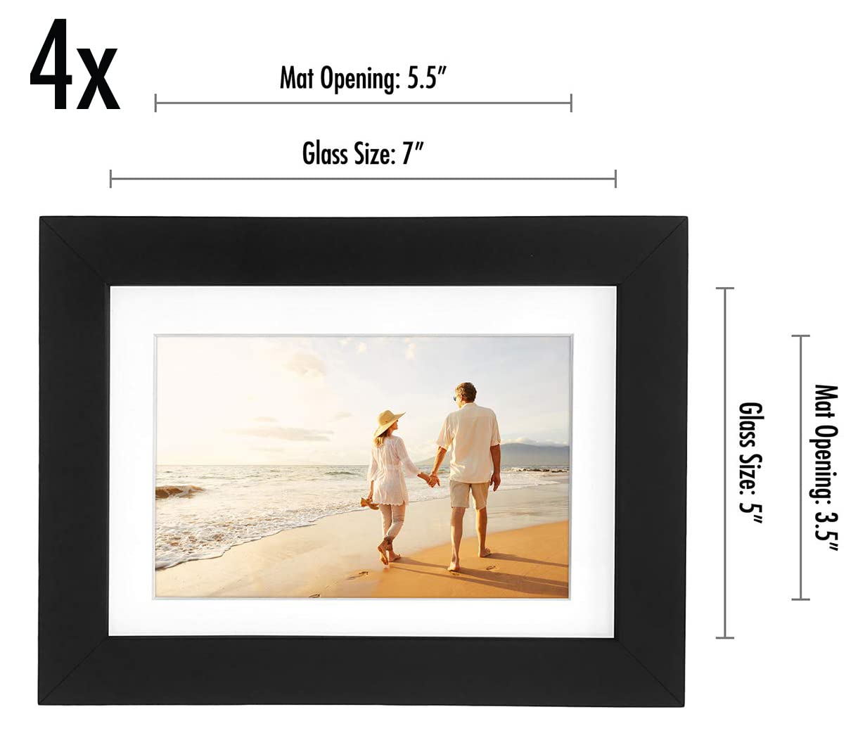 Americanflat 5x7 Picture Frame with Shatter-Resistant Glass - Set of 4 - Use as 4x6 Frame with Mat or Display 5x7 Photo Without