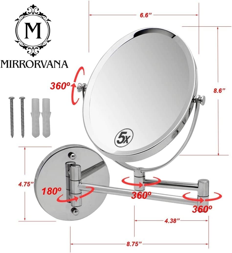 Wall Mounted Bathroom Makeup & Shaving Mirror, Double Sided 5X & 1X Magnification, 13-Inch Extension Swivel Arm, Oval 6.6'' X 8.