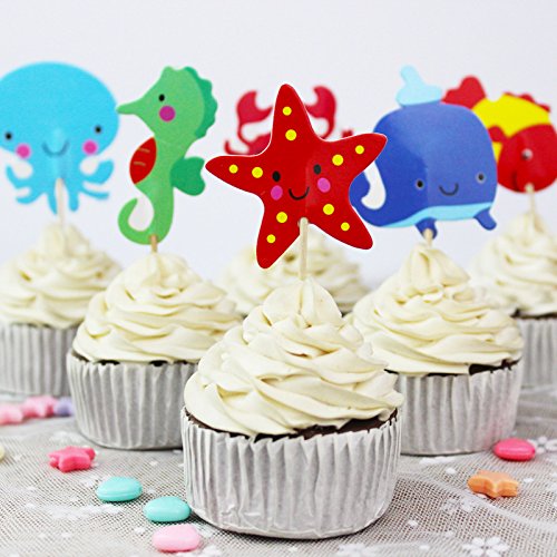 iMagitek 48 Pcs Ocean Sea Animal Cupcake Toppers for Under the Sea Theme Party and Kids Birthday Party