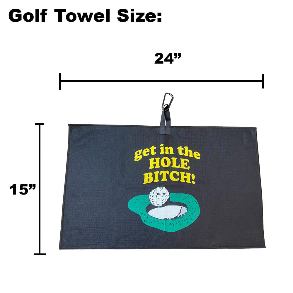 Giggle Golf Par 3 : Waffle Golf Towel  Tee Bag with 4 Tees  and Bling Golf Ball Marker with Hat Clip - Funny Golf Gift for Women (Get in The Hole Bitch)
