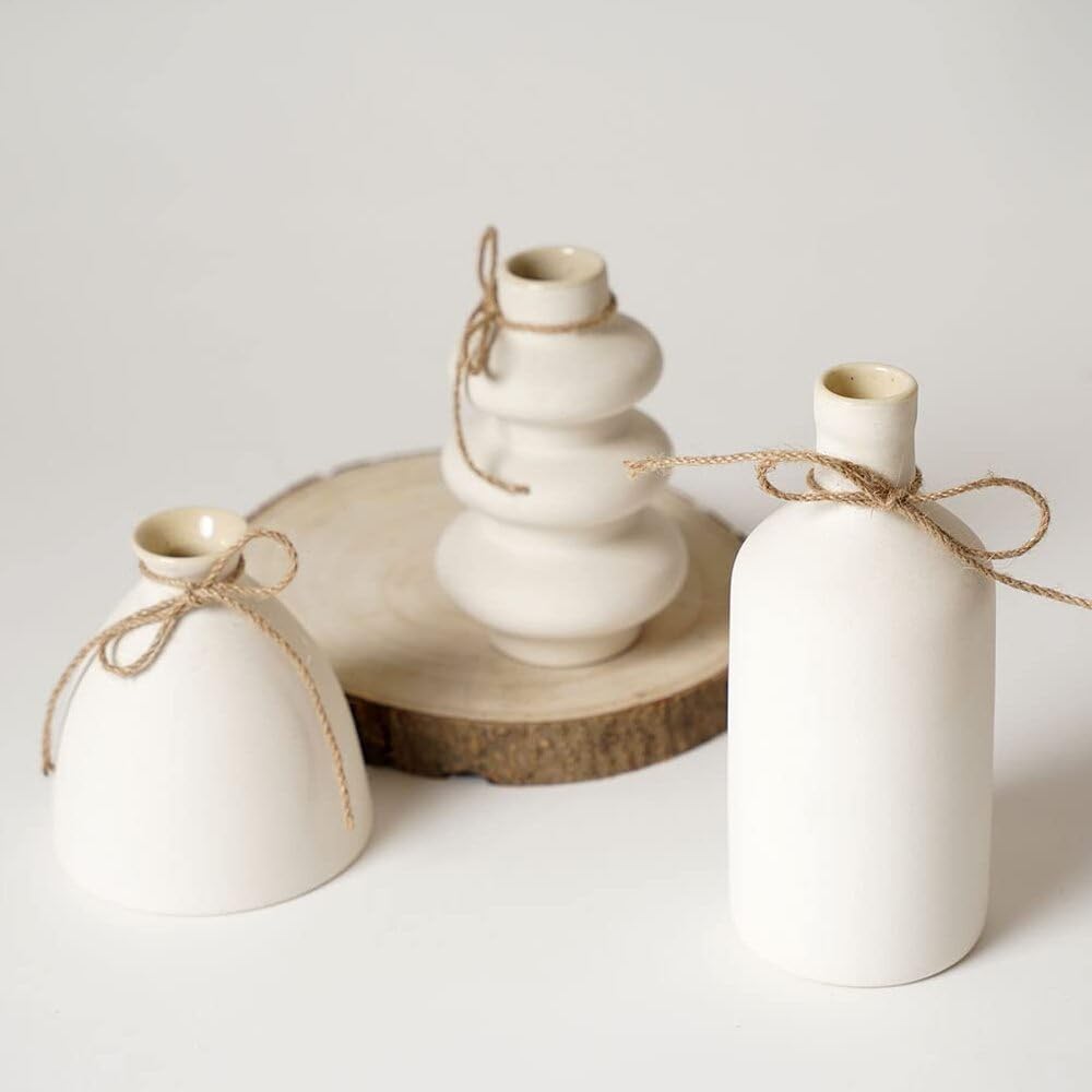 Purezento Konso Family White Ceramic Vase - Set Of 3 | Unique Shape Vases For Modern Home Decor, Shelves, Coffee Tables, Living