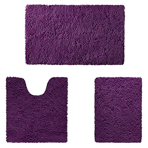 Homeideas 3 Pieces Bathroom Rugs Set Ultra Soft Non Slip And Absorbent Chenille Bath Rug, Dark Purple Bathroom Rugs Plush Bath M