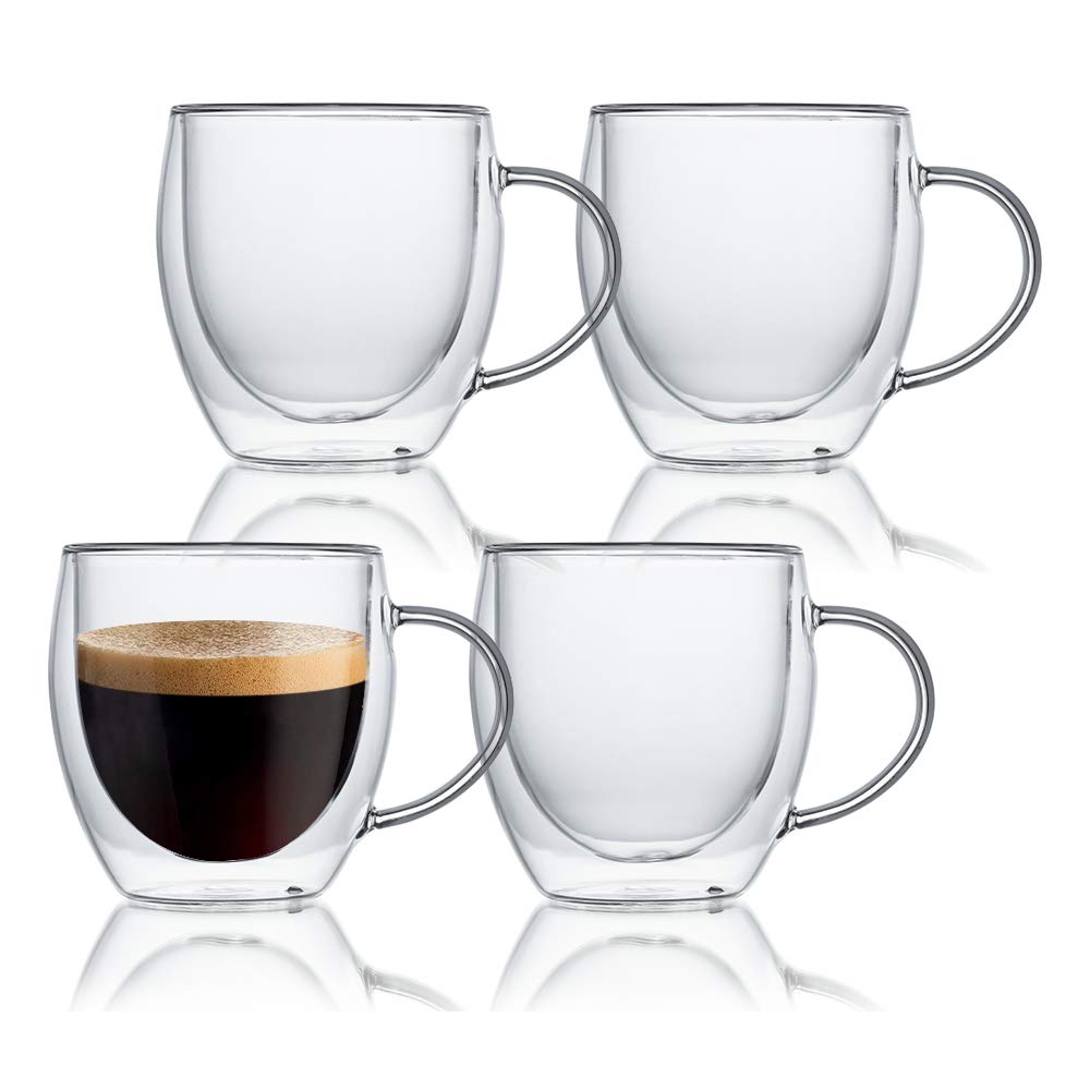 KitchenTour Insulated Coffee Mug 8 oz- Double Wall Glass Coffee Cup with Handle Set of 4 - Clear Glass Drinkware for Espresso,Ca