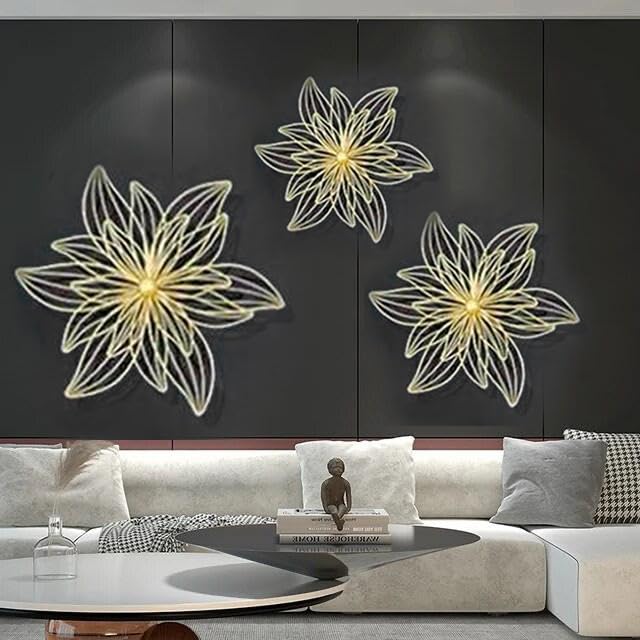 Zove Metal Set Of 3 Pieces Golden Flowers Wall Art Hanging Perfect For Home, Hotel, Restaurant, Living Room Decoration (24 X 24 