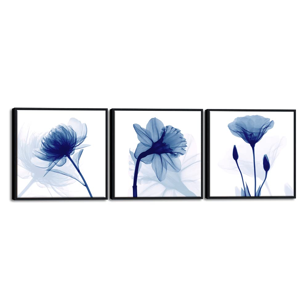 Wieco Art Framed Wall Art Blue Abstract Flowers 3 Panels Canvas Prints Home Art Modern Artwork Wall Pictures For Living Room Bed