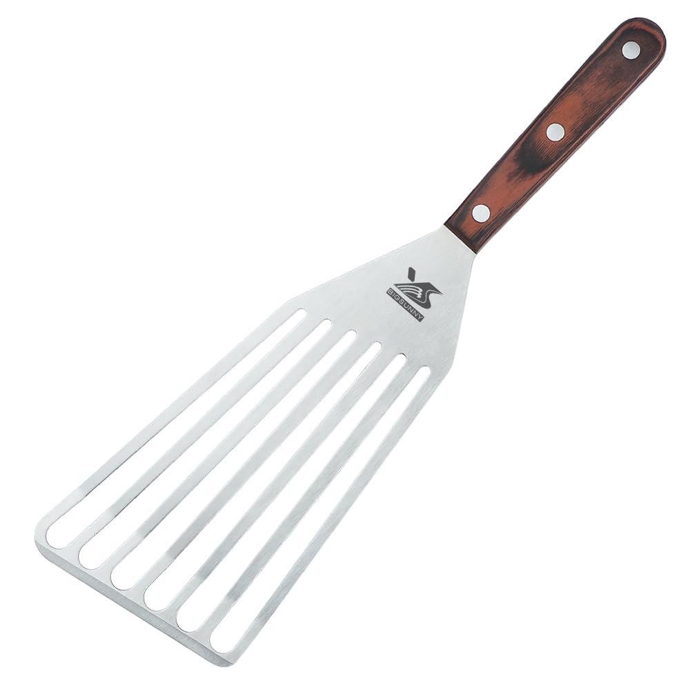 MSY BIGSUNNY Heavy Duty Fish Turner, Stainless Steel Slotted Turner with Pakkawood Handle, 4X13 Inches