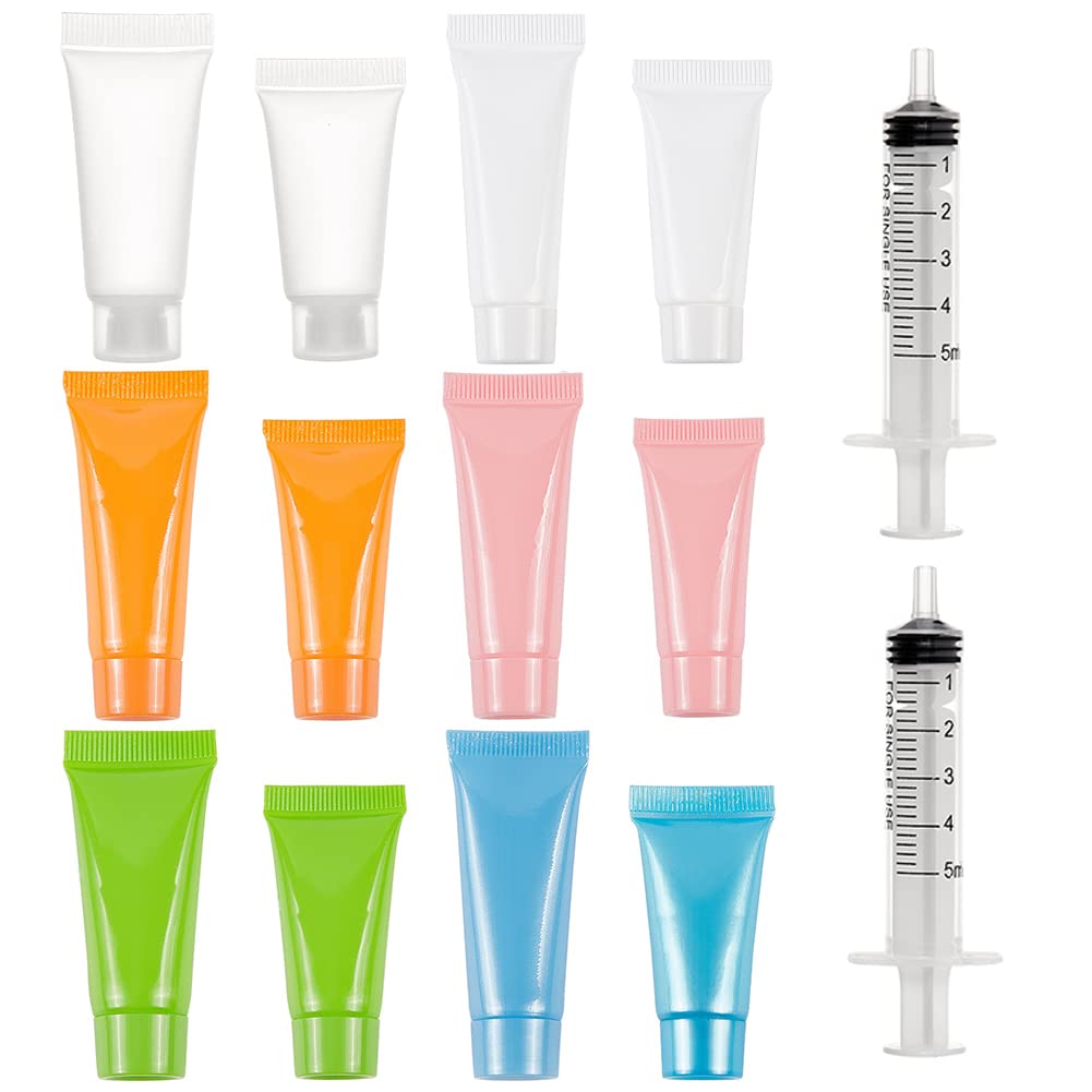 Benecreat 24Pcs 5Ml/10Ml 6-Colors Plastic Squeeze Tubes Travel Size Makeup Sample Bottles With 4Pcs Funnel And 2Pcs 5Ml Syringe