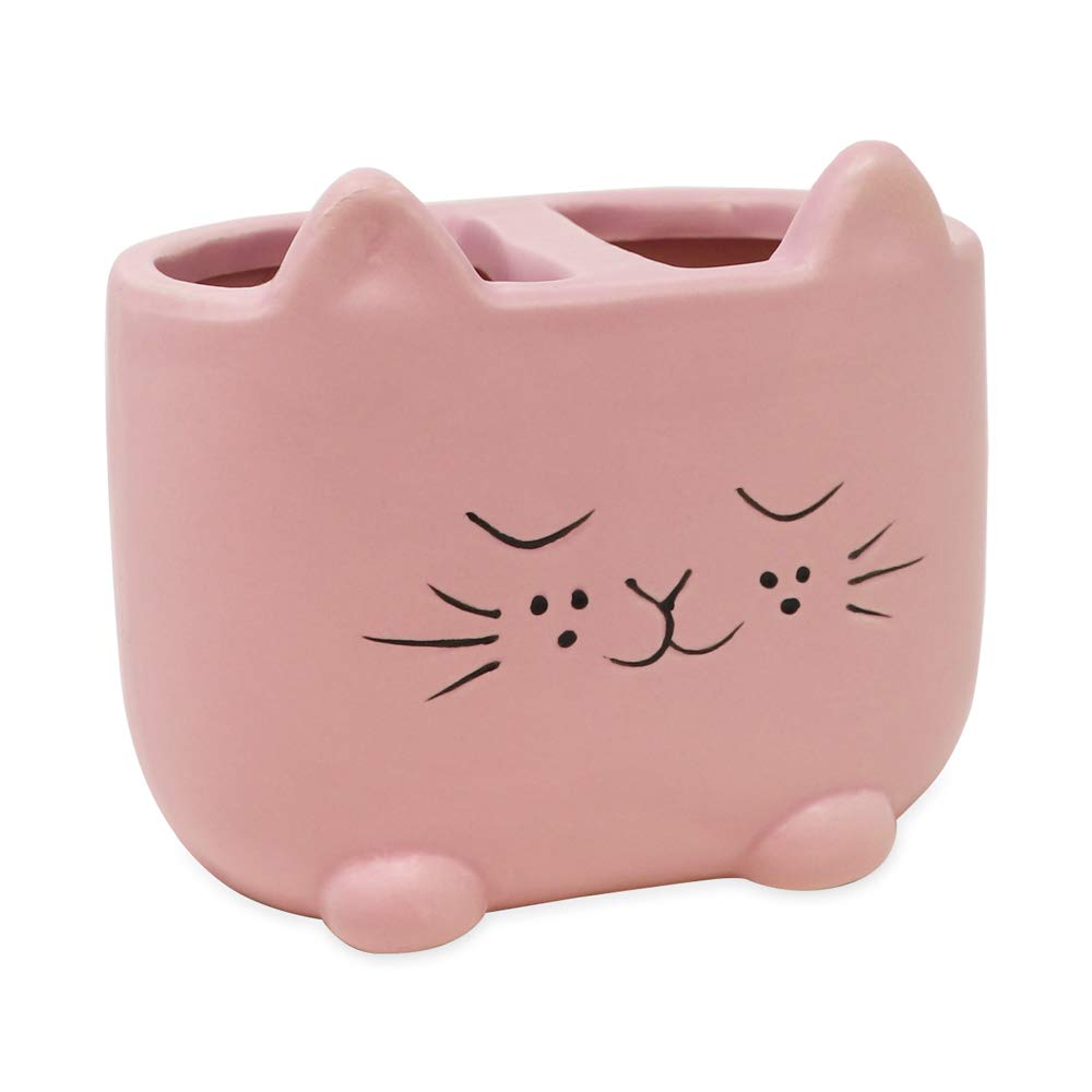 Isaac Jacobs Pink Ceramic Cat Makeup Brush Holder, Multi-Purpose 2-Section Organizer. Bathroom, Kitchen, Bedroom, Office D?Or (2