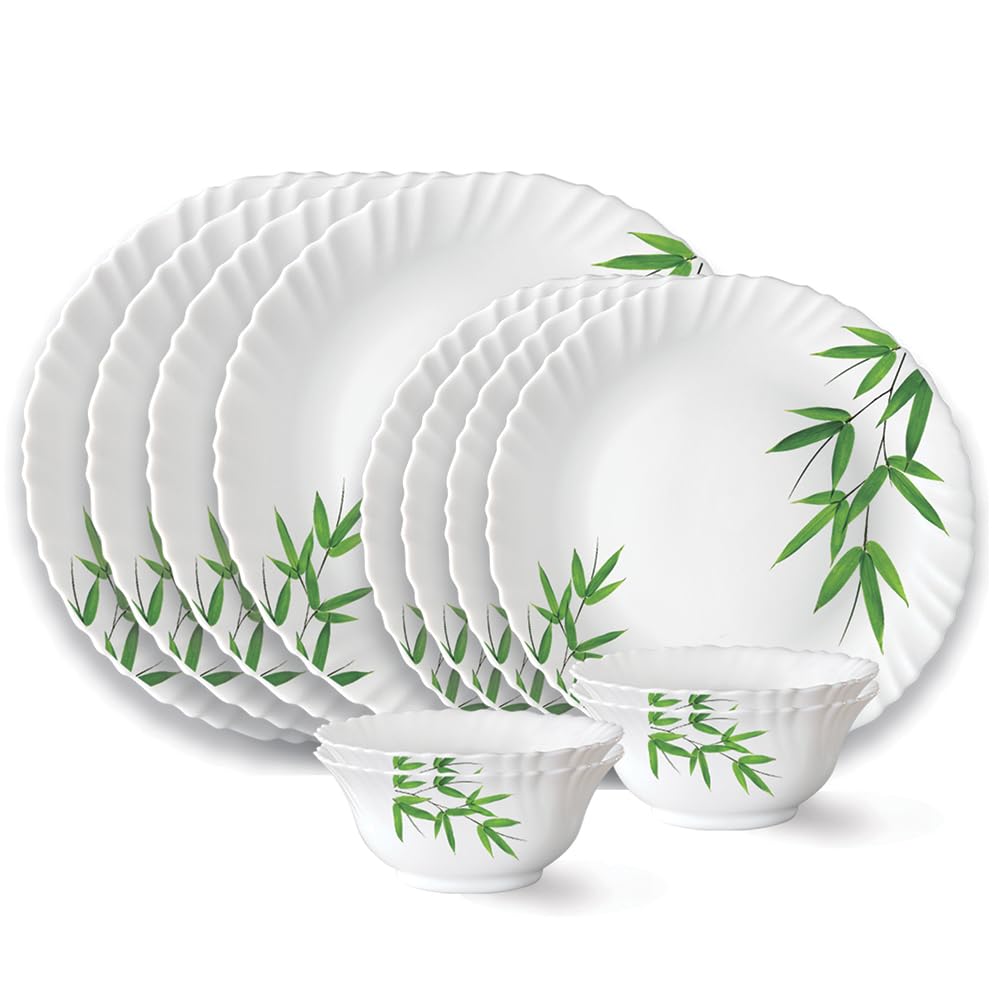 Larah By Borosil Bamboo Leaves Fluted Series Opalware Dinner Set | 12 Pieces For Family Of 4 | Microwave & Dishwasher Safe | Bon