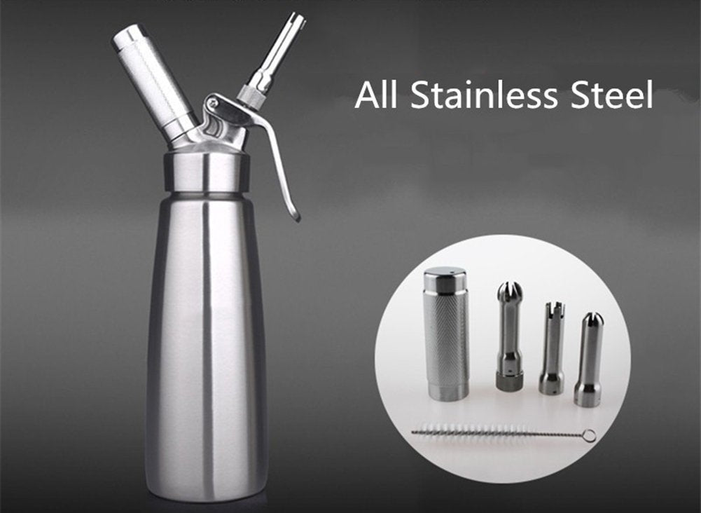Zoemo All Metal Steel Whipped Cream Dispenser 1 Quart - Professional Culinary Cream Whipper With Full Set Injector Tips Free Rec