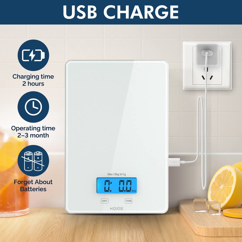 Koios Usb Rechargeable Food Scale, 33Lb/15Kg Kitchen Scale Digital Weight Grams And Oz For Cooking Baking, 1G/0.1Oz Precise Grad