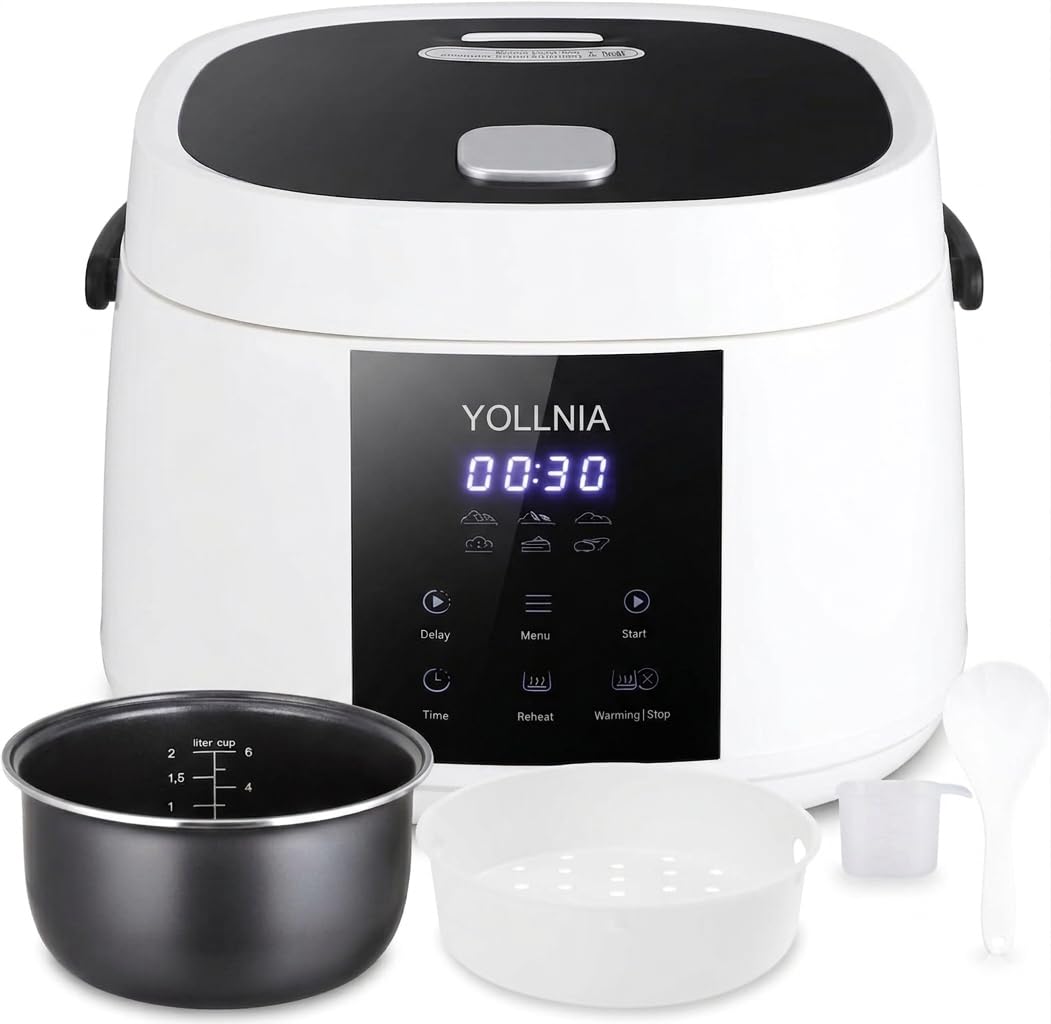 Yollnia 3L Rice Cooker 12 cups (Cooked), Mini Digital Rice Cooker,6 in 1 Multicooker for Grain, Preset and Reheat Options, 12-Hr