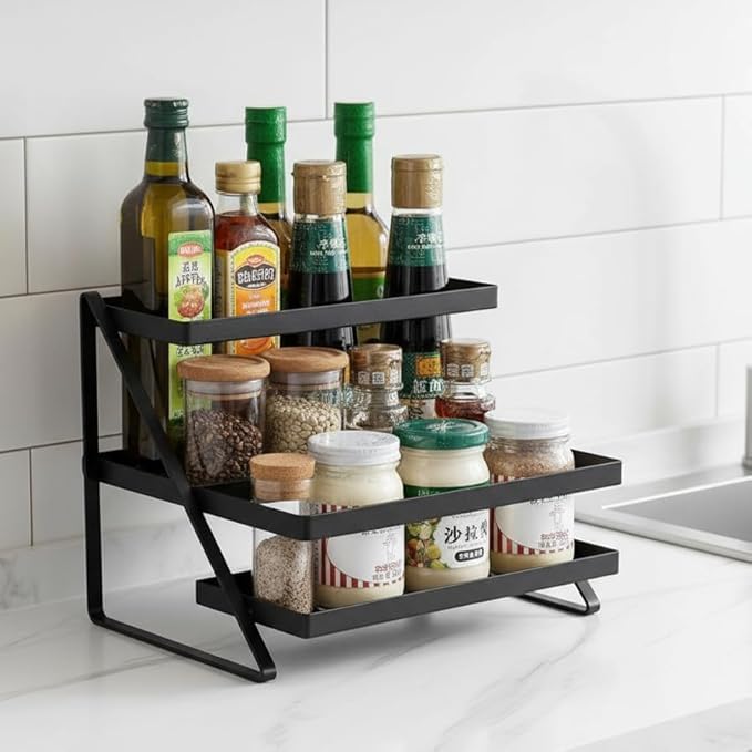Tecwood Crafts 3Tier Spice Rack Organizer, Black Metal Kitchen Counter Shelf, Storage Stand For Condiments, Jars, Bottles