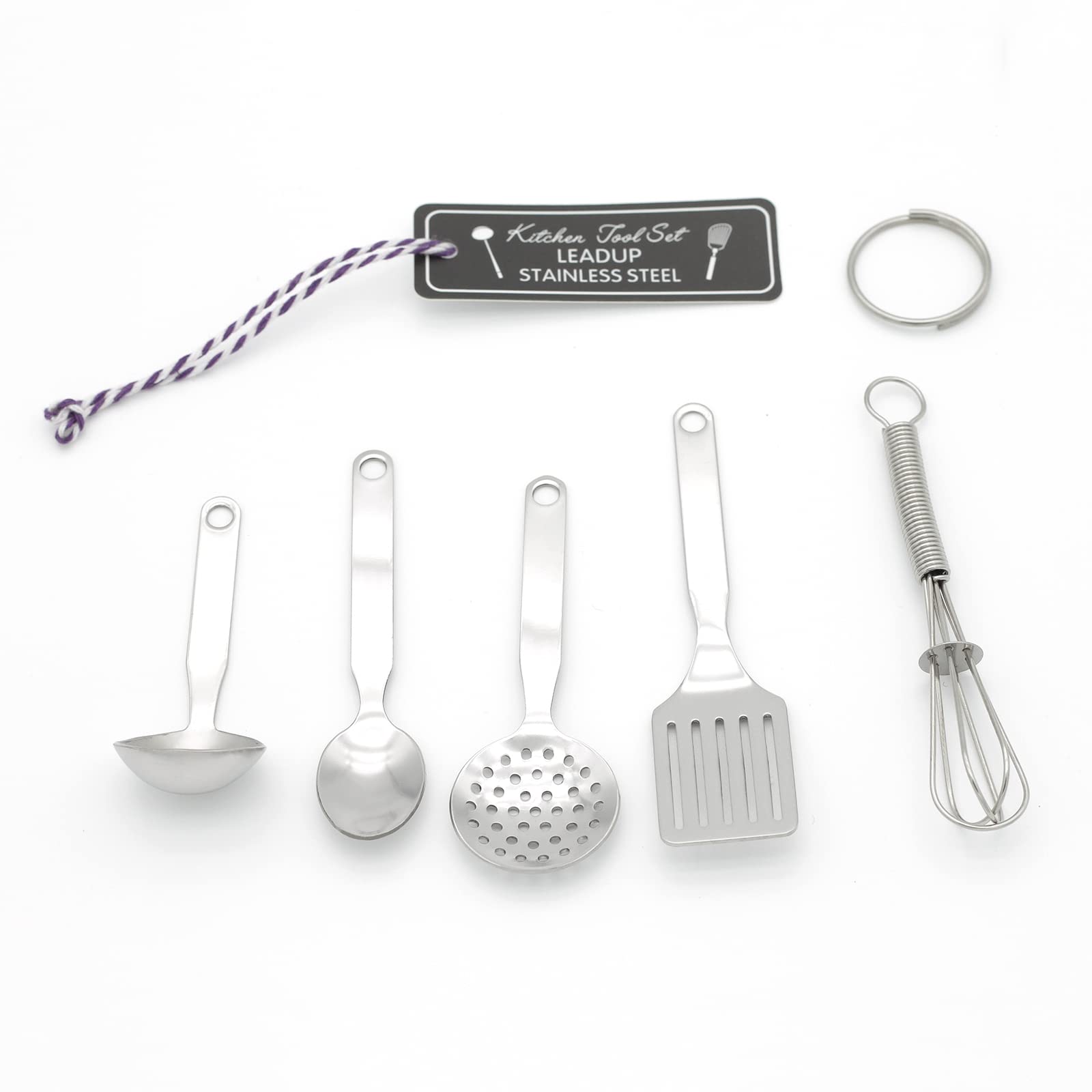 Leadup Mini Stainless Steel Kitchen Tool Set With Keychain(3.5''),Set Of 5,Includes Whisk, Spatula, Spoon, Skimmer,Soup Ladle