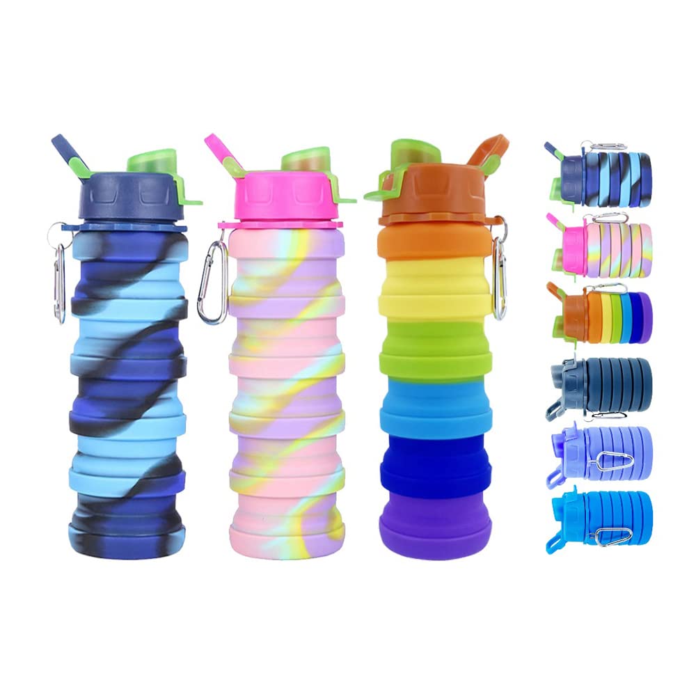 konlongzan Collapsible Water Bottles 3 Pack Expandable Water Bottle 500ml for Travel Camping. (Colorful)