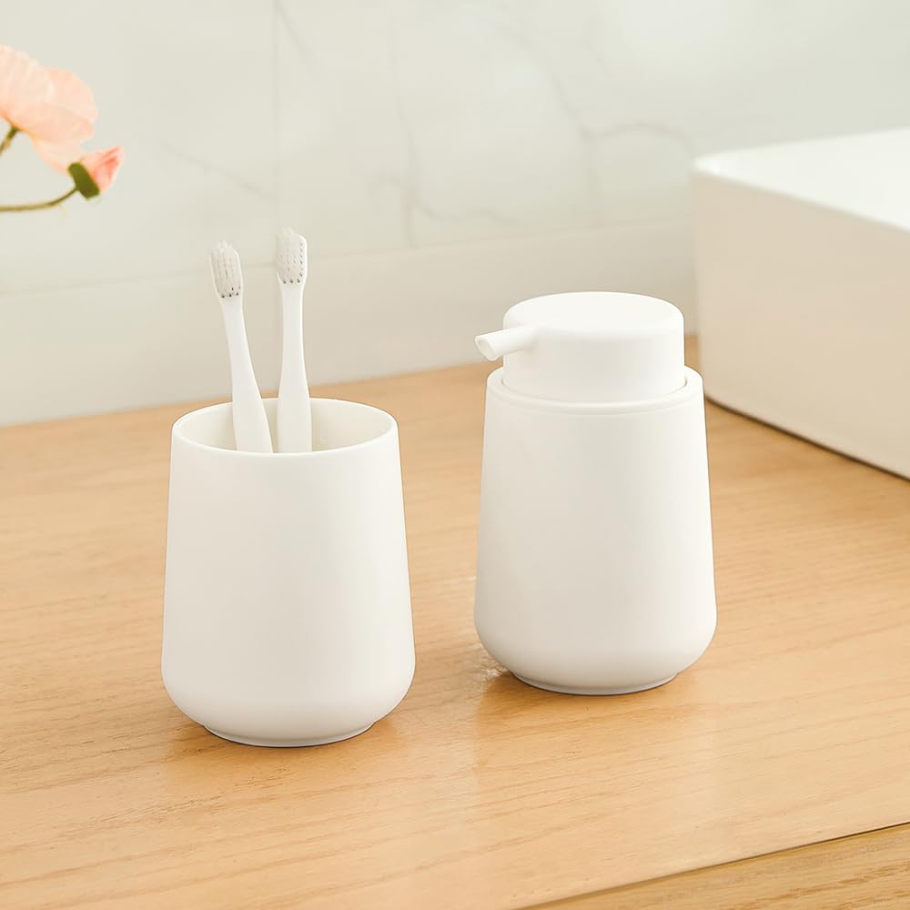 Yaukph Matte Cream White Liquid Hand Soap Dispenser Plastic 11 Oz - Modern Minimalist Style For Bathroom & Kitchen Countertop Re